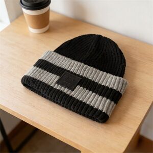 Acne Ribbed Black and Gray Striped Beanie